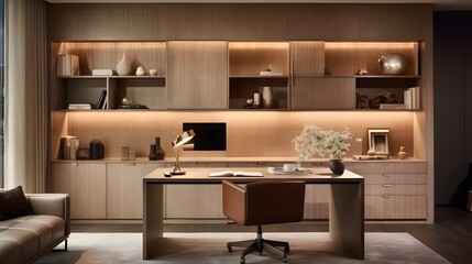 Cozy and inviting home office space with warm ambient lighting and a sleek modern aesthetic design  Perfect for productive and comfortable remote work or study sessions