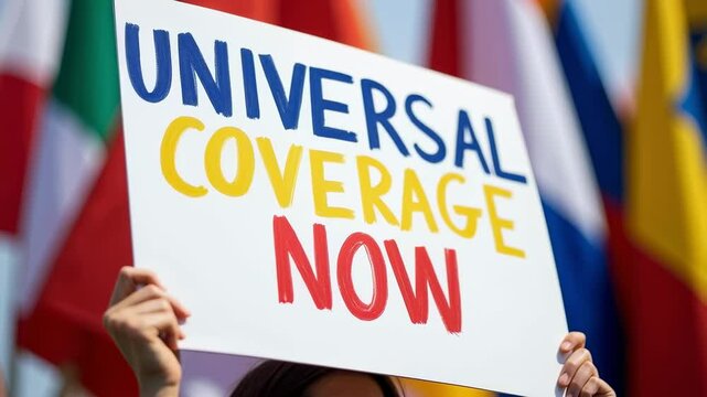Protest for Universal Healthcare Coverage: Advocates Hold Signs Demanding Immediate Action for Comprehensive Health Services in a Vibrant Public Demonstration