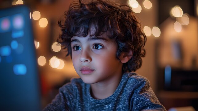 Child's Discovery: A young child is captivated by the glowing screen of a laptop, his eyes reflecting a blend of wonder and curiosity, set against a backdrop of warm, blurred lights.
