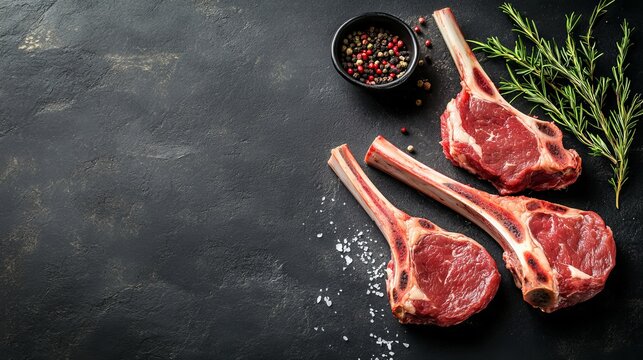 Aerial view of raw lamb chops and fresh mutton cutlets on ribs against a dark backdrop