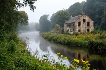Fototapeta premium Historic distillery by misty river in lush green landscape for tranquil scene design