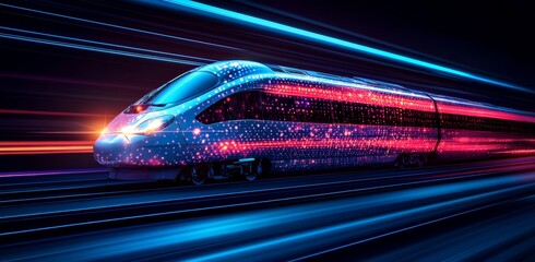 Fototapeta premium High-speed futuristic bullet train with neon lights on motion blurred tracks at night