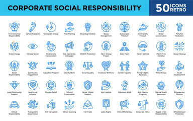 Corporate Social Responsibility icons set with environmental responsibility, carbon footprint, renewable energy, tree planting, recycling initiative, waste management icon. Simple retro vector 
