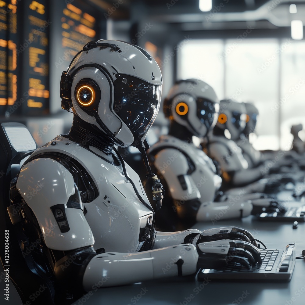 Poster futuristic robots typing in high-tech office environment