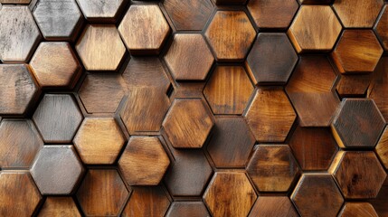 Hexagonal wooden tiles form a textured wall pattern and backdrop