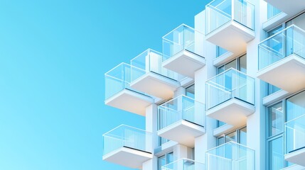 Urban apartment facade close-up, clean lines of balconies and glass windows, modern design with blank space for text, digital illustration