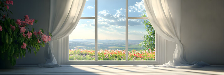 Tranquil Morning View: Nature's Symphony Through an Open Window in Bloom