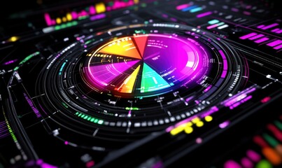 Vibrant data visualization with circular graph and colorful metrics on a dark background