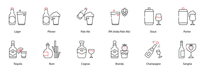 Vector Icons Set - Brown Ale, Barleywine, Bock, Hefeweizen, Gose, Whiskey, Champagne, Sangria, Absinthe, Liqueur, Mezcal, Cider