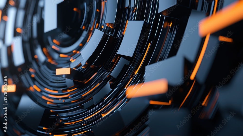 Poster intricate close-up of reflective disco elements in abstract futuristic design with orange accents