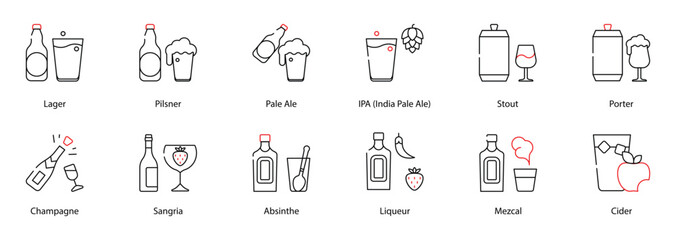Vector Icons Set - Lager, Pilsner, Pale Ale, IPA (India Pale Ale), Stout, Porter, Champagne, Sangria, Absinthe, Liqueur, Mezcal, Cider