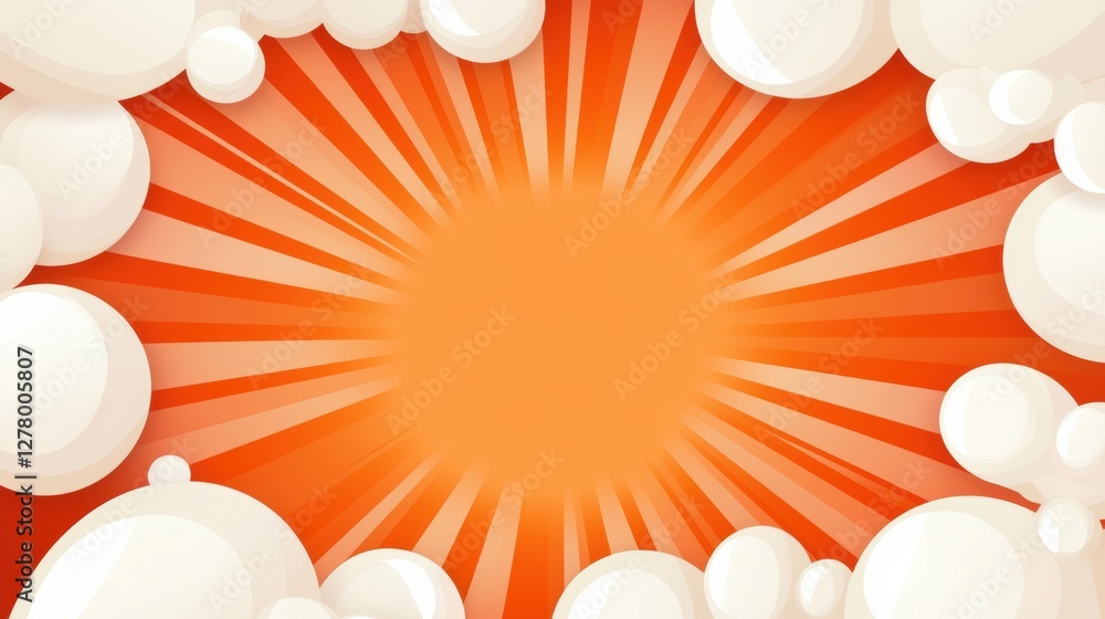 Poster retro burst action background with orange rays and cartoon style elements