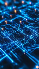 Obraz premium Vibrant blue digital grid background with glowing effects and intricate 3d elements for tech design