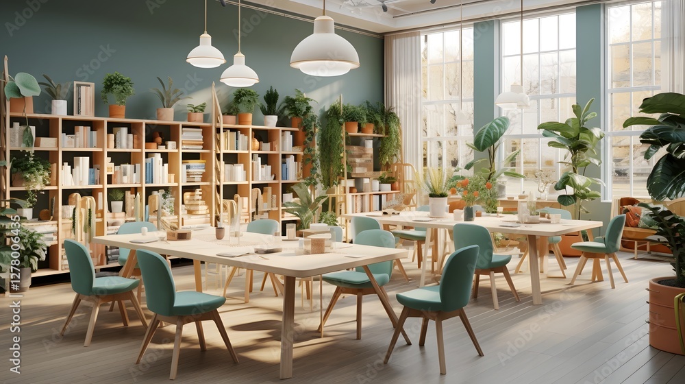 Poster sophisticated hybrid coworking space designed for productive and collaborative work environment with