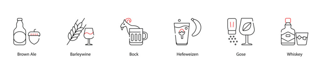 Vector Icons Set - Brown Ale, Barleywine, Bock, Hefeweizen, Gose, Whiskey