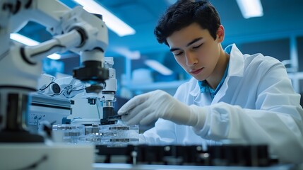 Precision in Research: A dedicated scientist in a lab coat meticulously works with a microscope and robotic arm. This image captures the essence of scientific exploration and technological innovation.