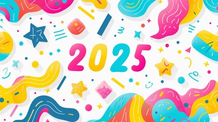 Colorful 2025 graphic design with abstract shapes and patterns