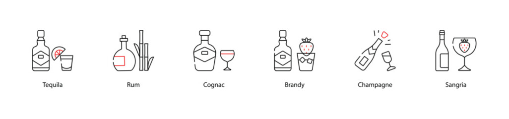 Vector Icons Set - Tequila, Rum, Cognac, Brandy, Champagne, Sangria