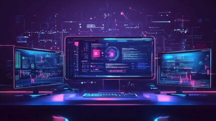 Obraz premium Futuristic Tech Workstation Neon Glow Data Analytics Programming Code on Triple Monitors