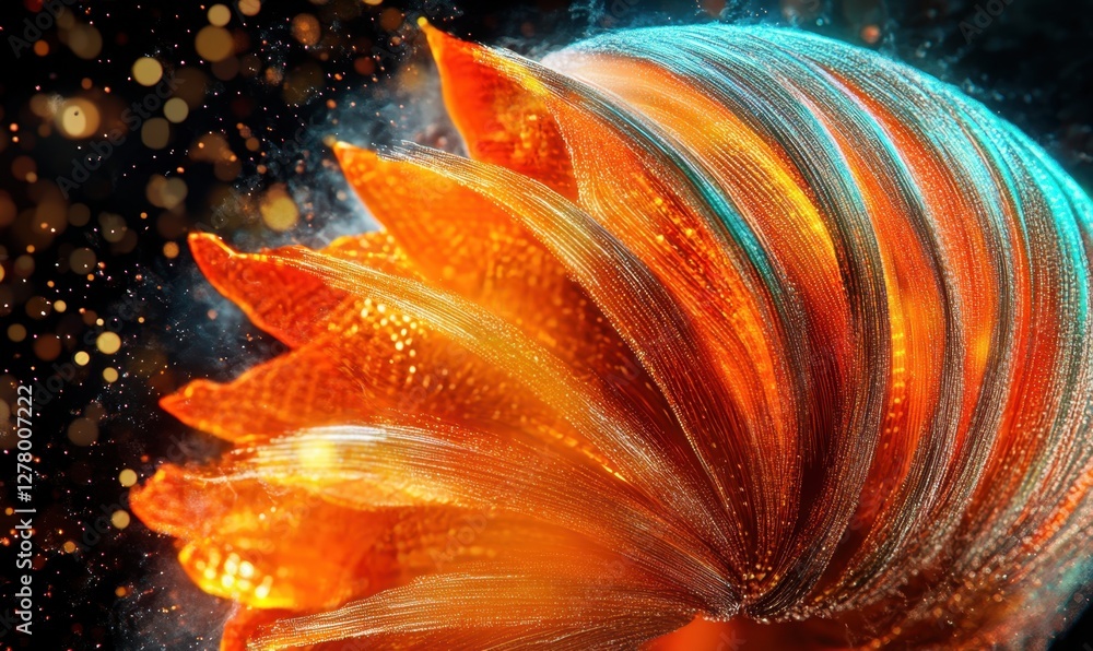 Poster vibrant orange and blue abstract shell-like structure with glowing particles in the background