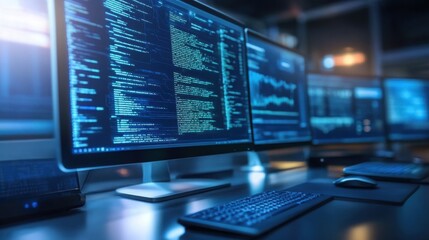 Fototapeta premium Modern Software Development Workspace Multiple Monitors Displaying Programming Code Keyboard and