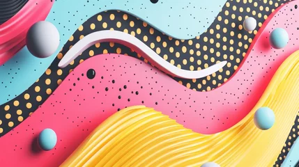 Rolgordijnen Colorful abstract 3D wavy shapes with balls, dots, and lines. Background design © July Wonkaa