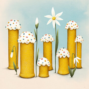Holiday greeting card or poster for spring holiday Easter with bell with beautiful and cute Easter cake and spring flowers.