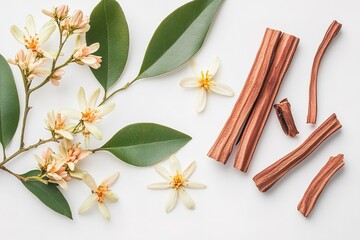 Sandalwood Blossom: Delicate White Flowers and Lush Green Leaves Against a Pure White Background. Perfect for aromatherapy, spa, beauty, cosmetic, fragrance, perfume, natural product, herbal remedy,  