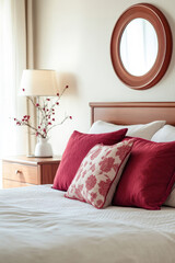 Elegant retro bedroom highlights dark cherry furniture with soft, romantic lighting for a cozy vibe