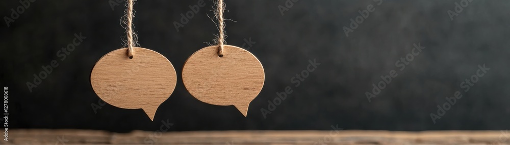 Poster wooden speech bubbles hanging with twine on dark background for communication and conversation conce