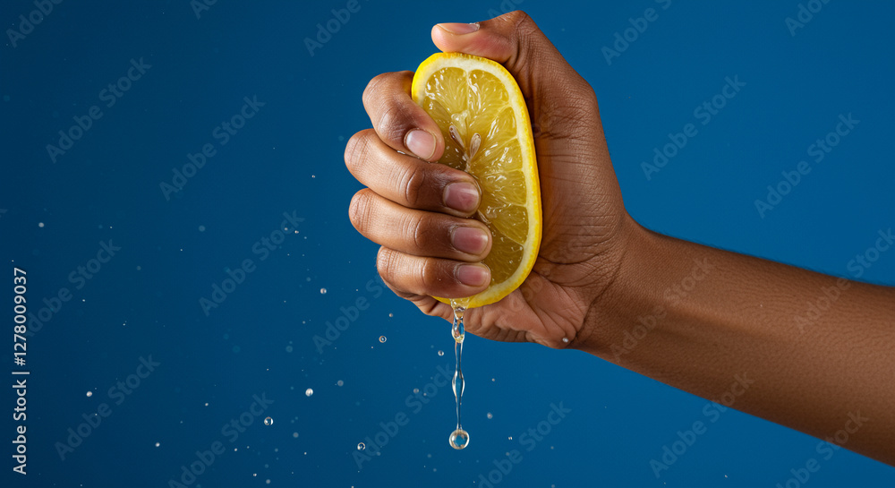 Poster lemon being squeezed by a hand with lemon juice dripping down. hand squeezing lemon