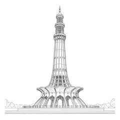 Obraz premium Detailed black and white line art illustration of Minar-e-Pakistan, historical landmark and national monument in Lahore, Pakistan, with intricate architectural design and surrounding landscape