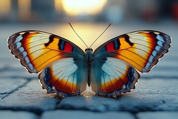 Obraz premium Vibrant Butterfly on Cobblestone Street at Sunset - Nature's Beauty in Urban Setting