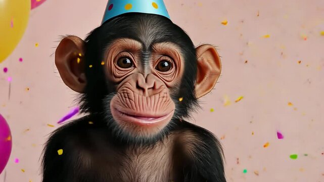 A monkey wearing a party hat is standing in front of a bunch of balloons
