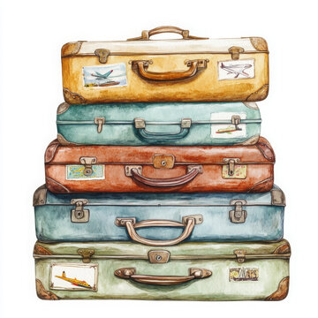 Illustration painted watercolor suitcases stacked evokes travel adventure
