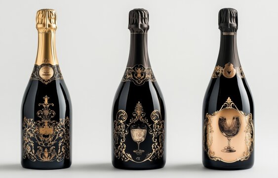 Elegant champagne bottles studio shot, gold design, white background, beverage advertising