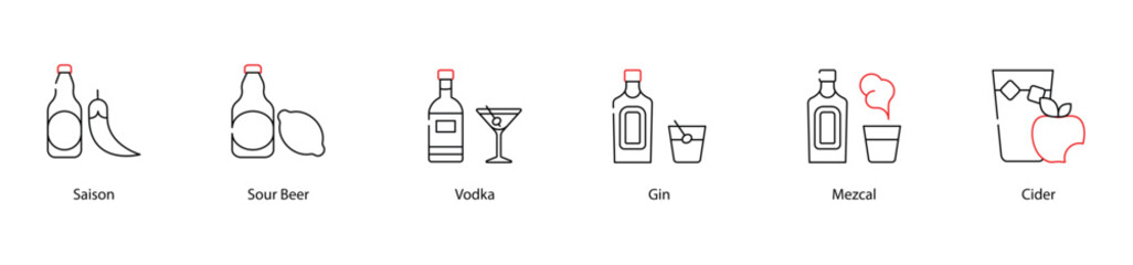 Vector Icons Set - Saison, Sour Beer, Vodka, Gin, Mezcal, Cider