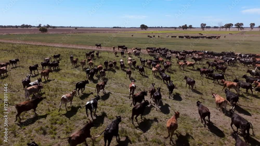 Poster 4k drone footage of a cattle of cows running on a field 4