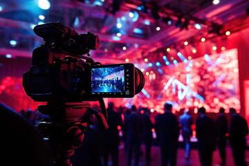 Filming Live Events: Capturing Moments, Professional Camera Techniques, and Event Coverage with Red Lighting and Large Screen Displays