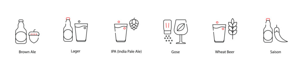 Vector Icons Set - Brown Ale, Lager, IPA (India Pale Ale), Gose, Wheat Beer, Saison