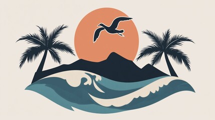 Tropical Beach Scene with Palm Trees, Mountains, and a Seagull Silhouetted Against a Sunset