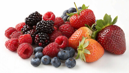 Obraz premium A vibrant mix of red, purple, blue, and orange fruits, showcasing their natural textures and appealing arrangement on a white surface