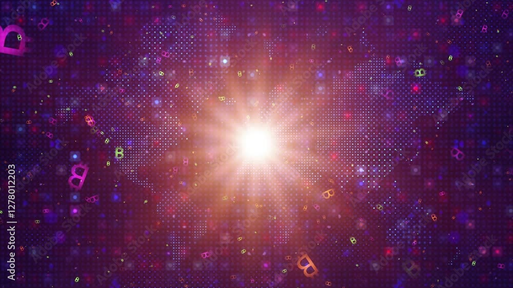 Poster floating bitcoin symbols over a digital world map with golden lights and fractal patterns representi
