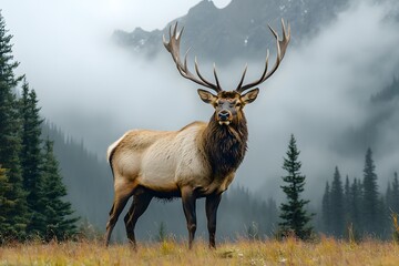 Majestic Elk Stands Proudly in Misty Mountain Landscape for Wildlife Photography