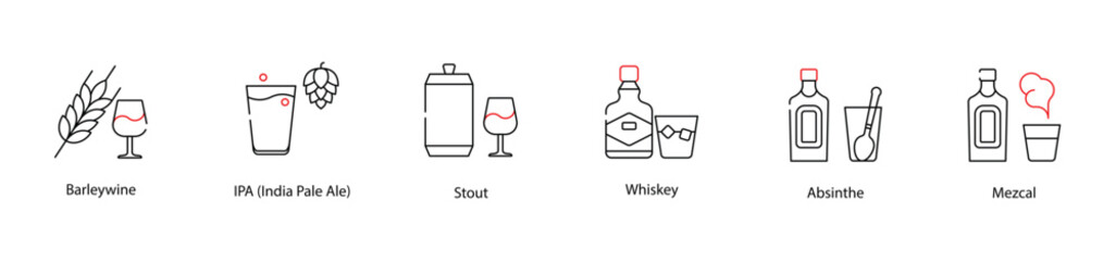 Vector Icons Set - Barleywine, IPA (India Pale Ale), Stout, Whiskey, Absinthe, Mezcal