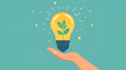 Eco-Innovation: A hand gently cradles a glowing light bulb, a vibrant plant flourishing within, symbolizing the brilliance of environmental solutions and sustainable ideas.