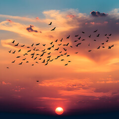 Fototapeta premium Skyward Serenade: A symphony of birds ascends against a fiery sunset backdrop. A vibrant display of nature's elegance and freedom.