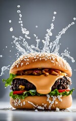 An impressive double-decker burger stacked with fresh lettuce, onions, cheese, and dripping sauce, with ingredients flying dramatically in the background, creating an exciting food explosion.
