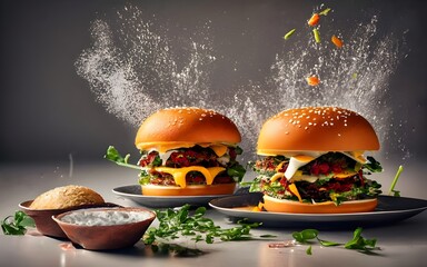 An impressive double-decker burger stacked with fresh lettuce, onions, cheese, and dripping sauce, with ingredients flying dramatically in the background, creating an exciting food explosion.