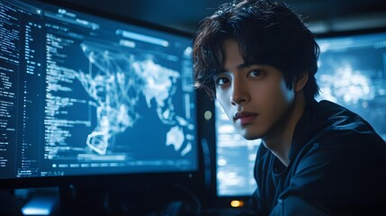 Tech Specialist: A tech-savvy individual intently examines complex data on multiple screens, creating a cutting-edge scene in a darkened room, exuding innovation and digital expertise.